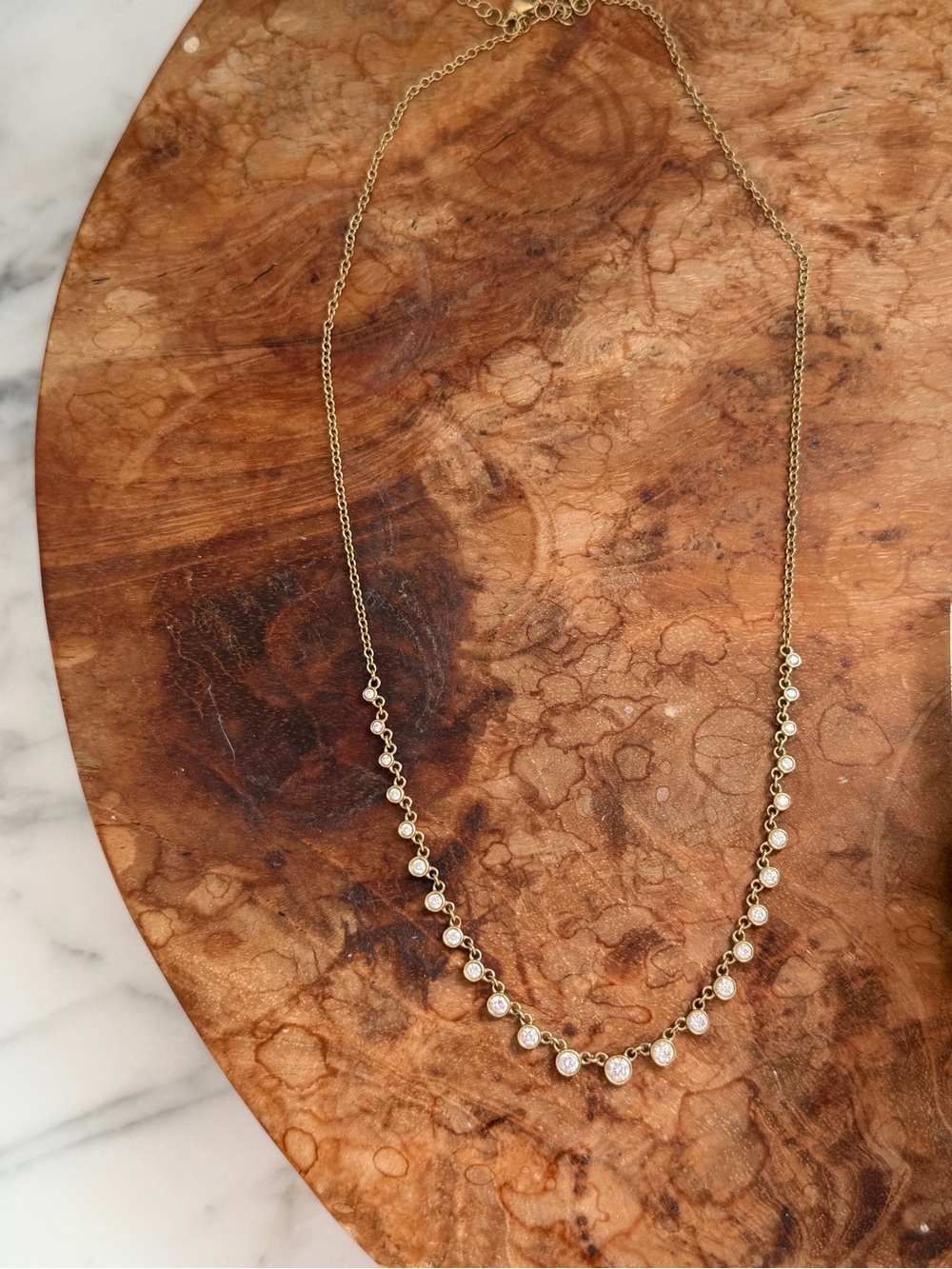Genuine Diamond station necklace with bezel set natural diamonds and 14K gold. - Picture 2 of 9
